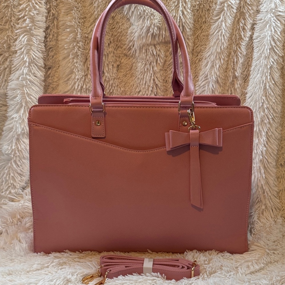 Rainsmore Pink Faux Leather Laptop Bag/Brief Case with Bow Tag